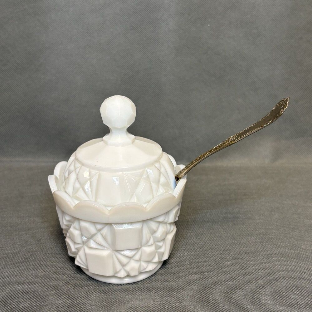 Milk Glass Jar w/Lid Fenton Block and Star Covered Jam Jar Sugar Bowl Spoon Slot